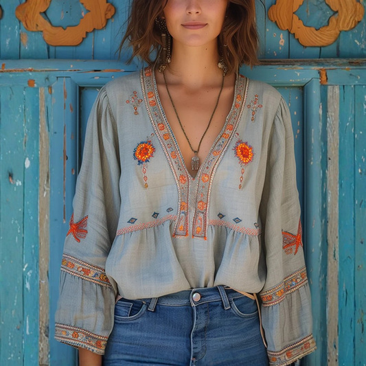 Bohemian Linen Blouse Vneck