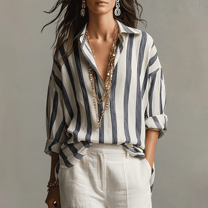Breathable Cotton Linen Striped Shirt