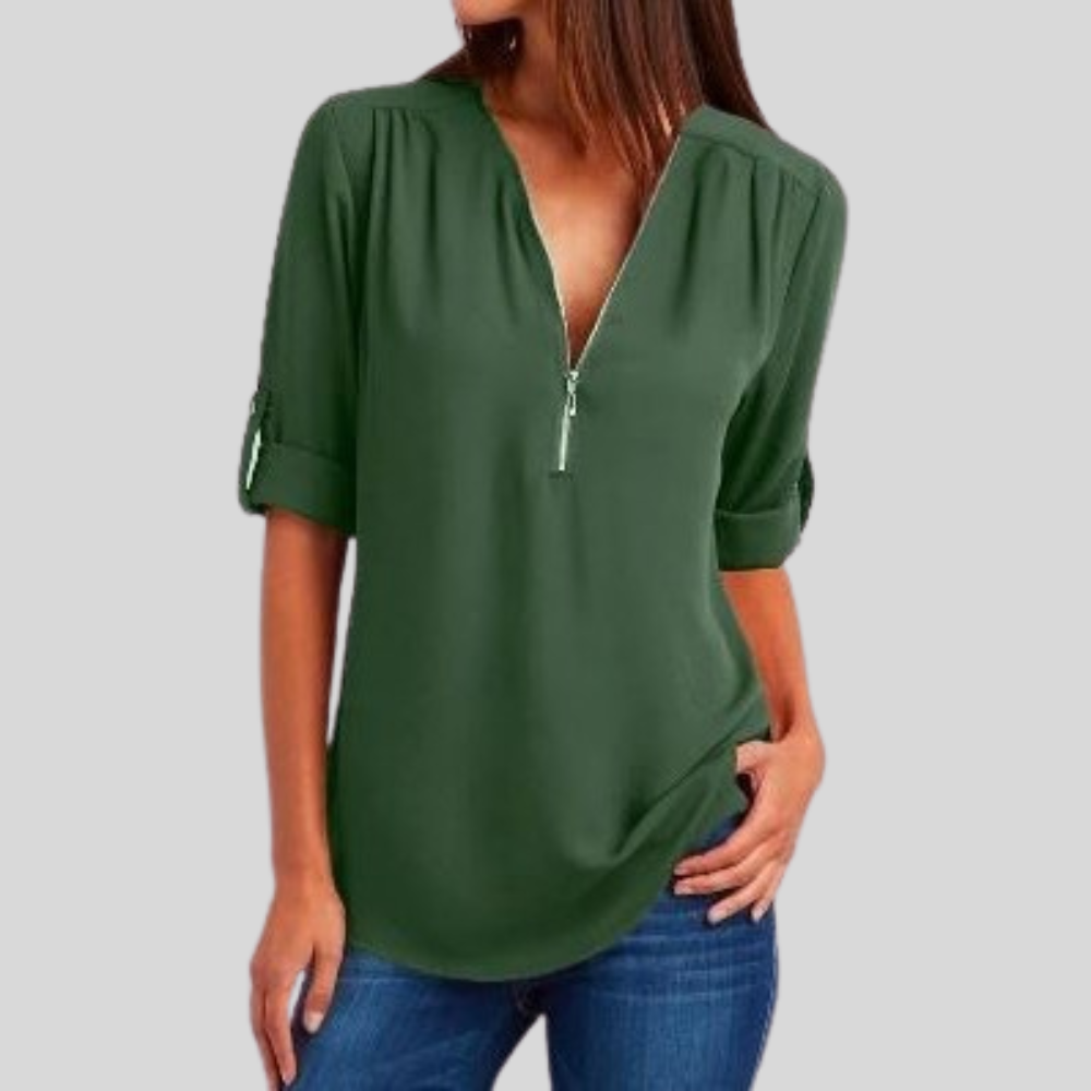 Sleek Zipper V Neck Top