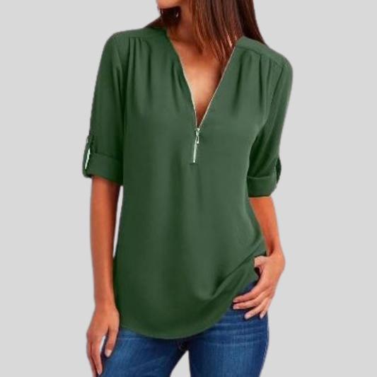 Sleek Zipper V Neck Top