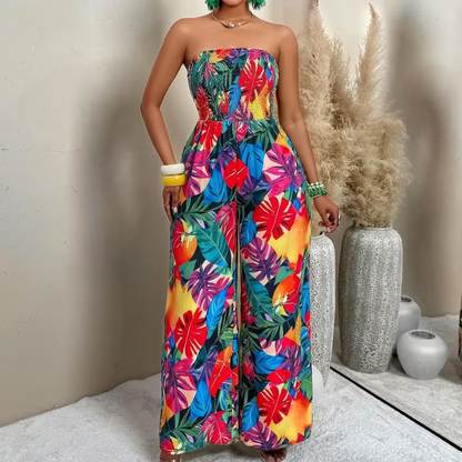 Tropical Plant Print Strapless Wide Leg Jumpsuit