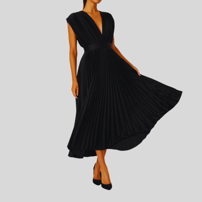 Pleated V Neck Midi Dress