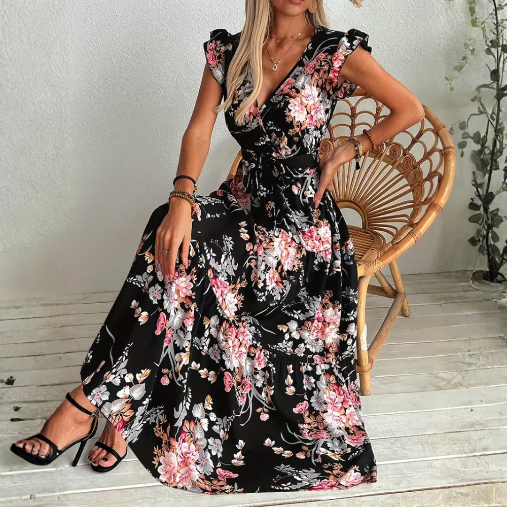 Belted Floral Print Swing Maxi Dress Elegant
