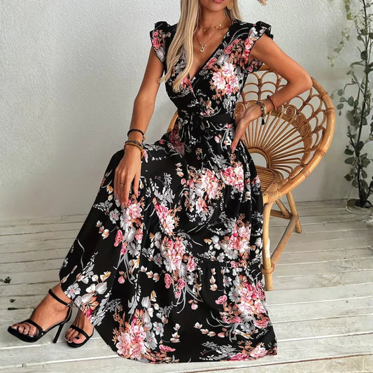 Belted Floral Print Swing Maxi Dress Elegant