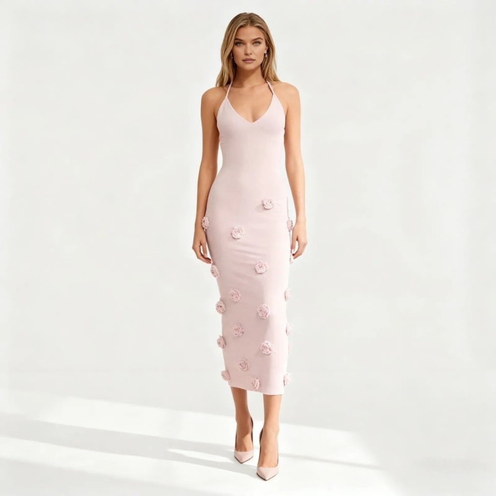 Romantic Rosette Knit Midi Dress