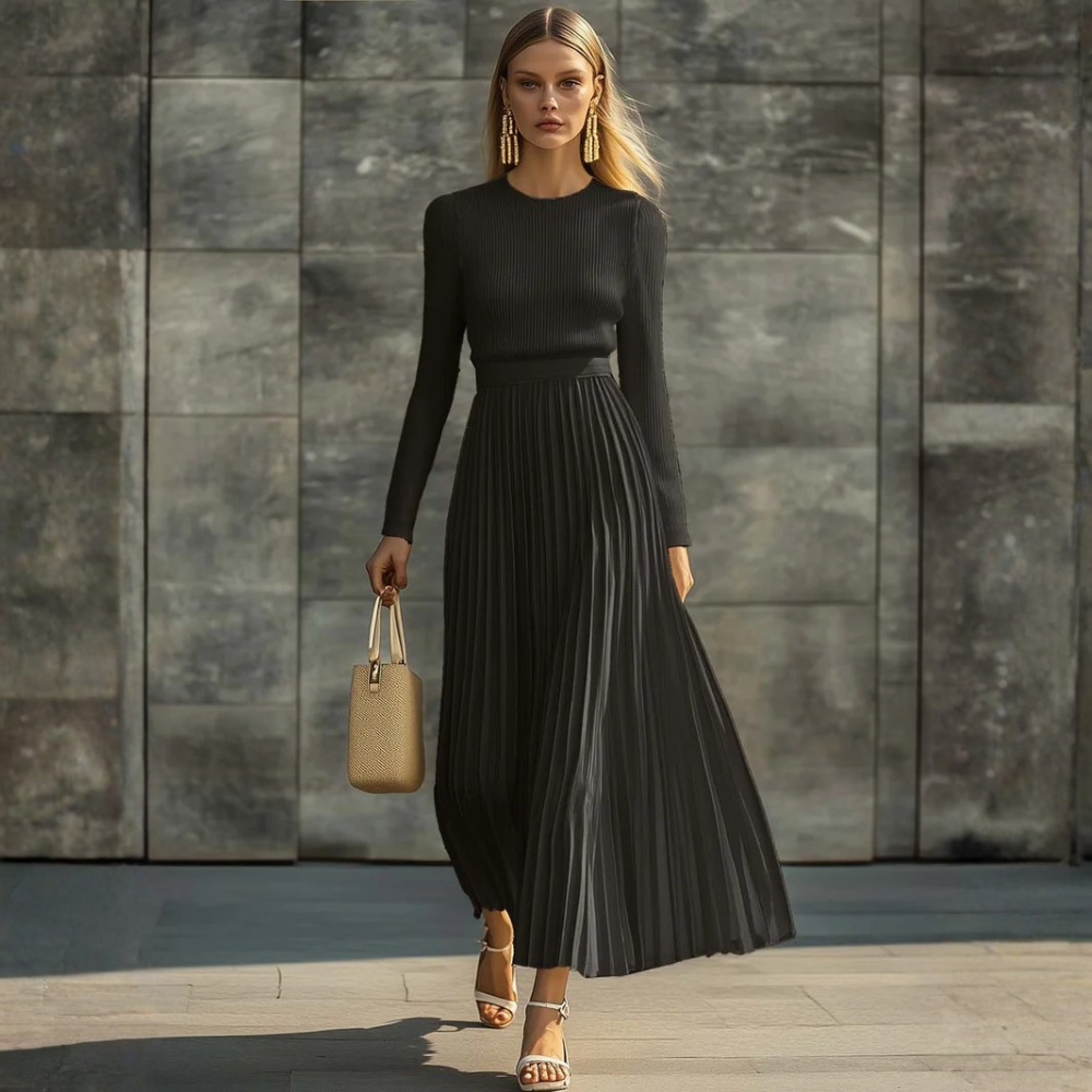 Ribbed Midi Dress Pleated