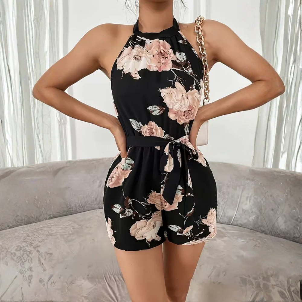 Floral Halter Tie Waist Romper