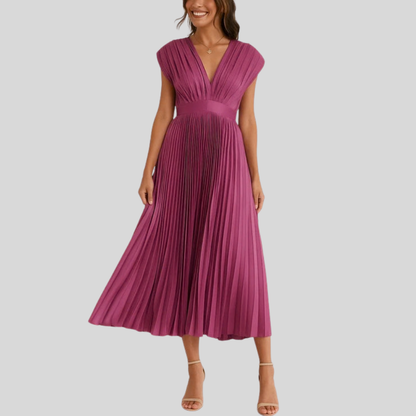 Pleated V Neck Midi Dress
