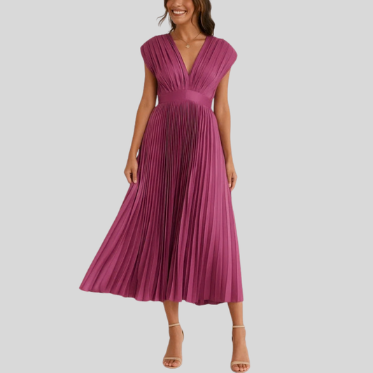 Pleated V Neck Midi Dress