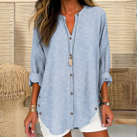 Relaxed Striped Button Front Blouse