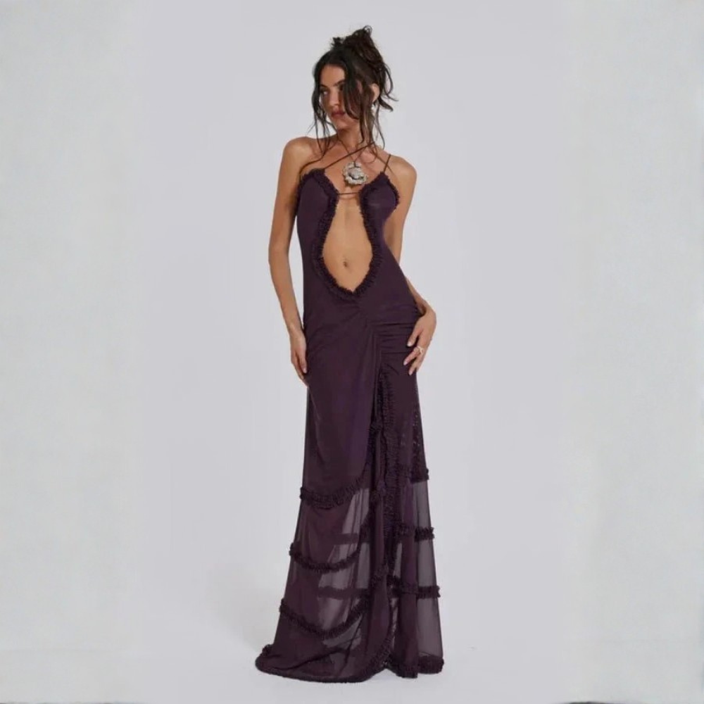 Plum Cutout Ruffle Maxi Dress