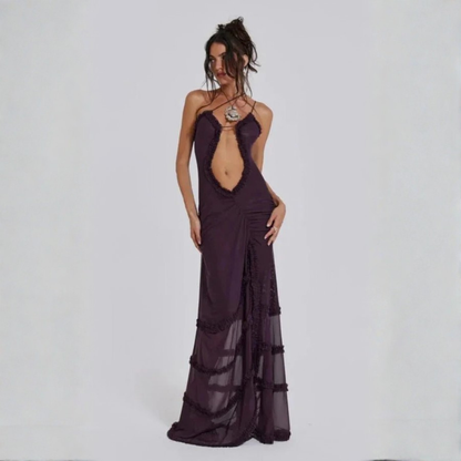 Plum Cutout Ruffle Maxi Dress