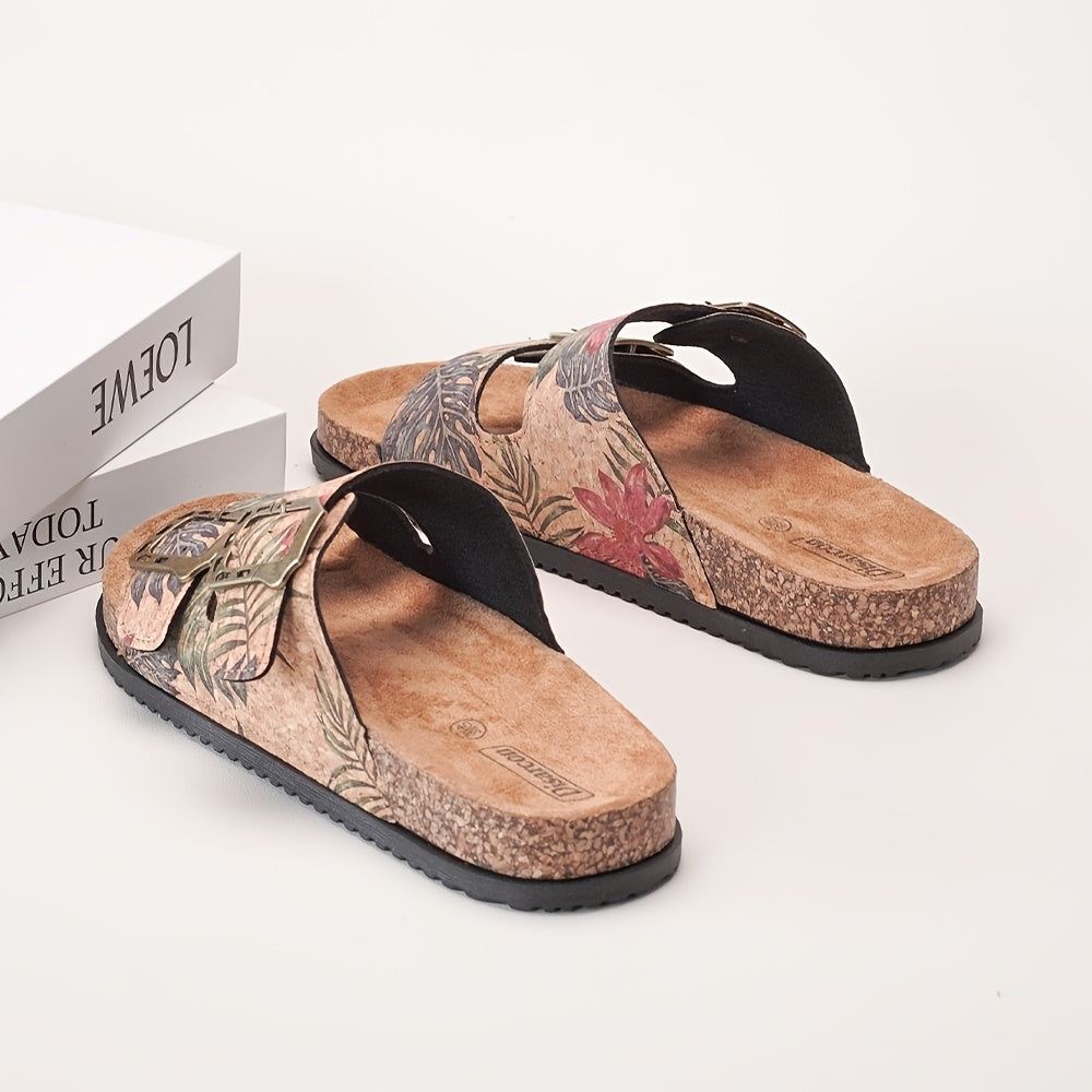 Double Buckle Cork Footbed Slide Sandals