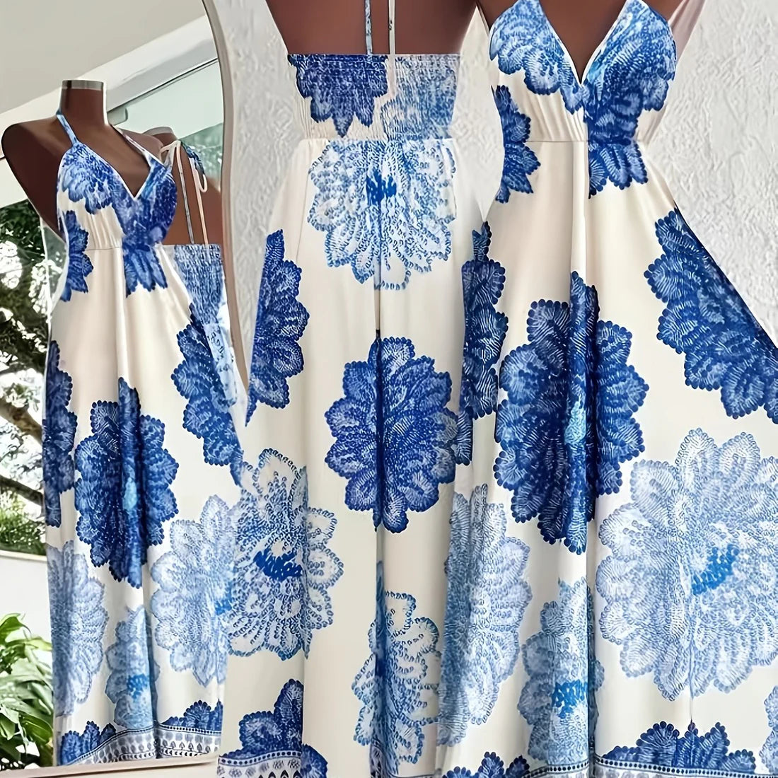 Floral Halter Neck Maxi Dress Vacation Style Elegant