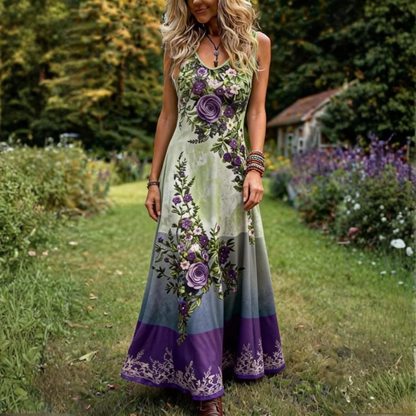 Retro Floral V Neck Maxi Dress