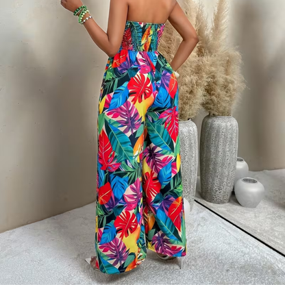 Tropical Plant Print Strapless Wide Leg Jumpsuit