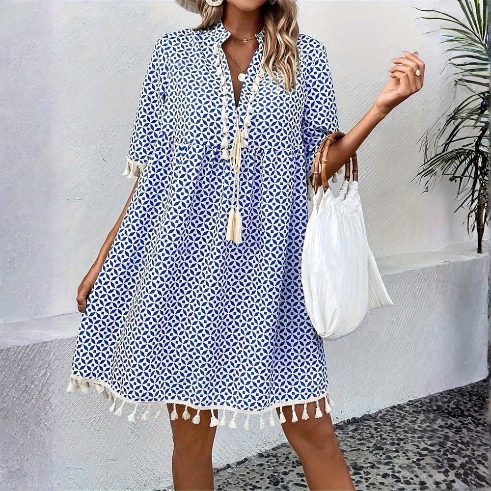 Boho Geometric Tassel Mini Dress