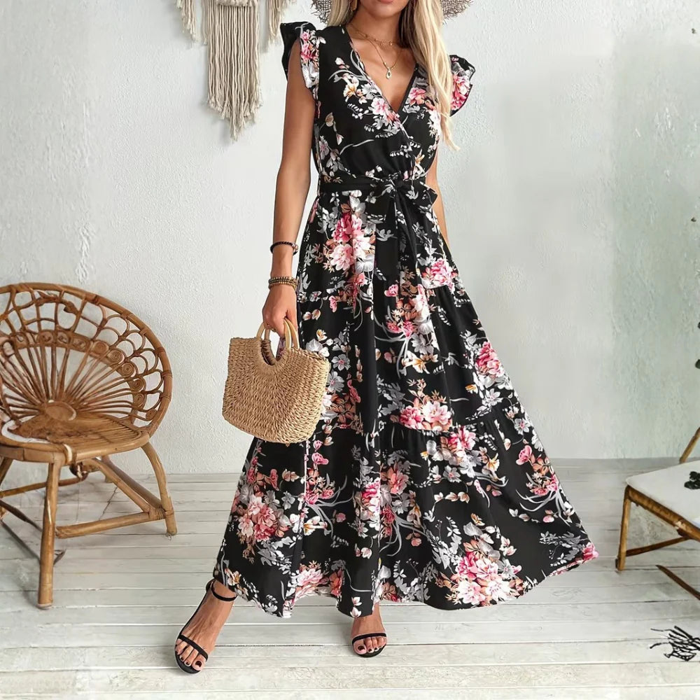 Belted Floral Print Swing Maxi Dress Elegant