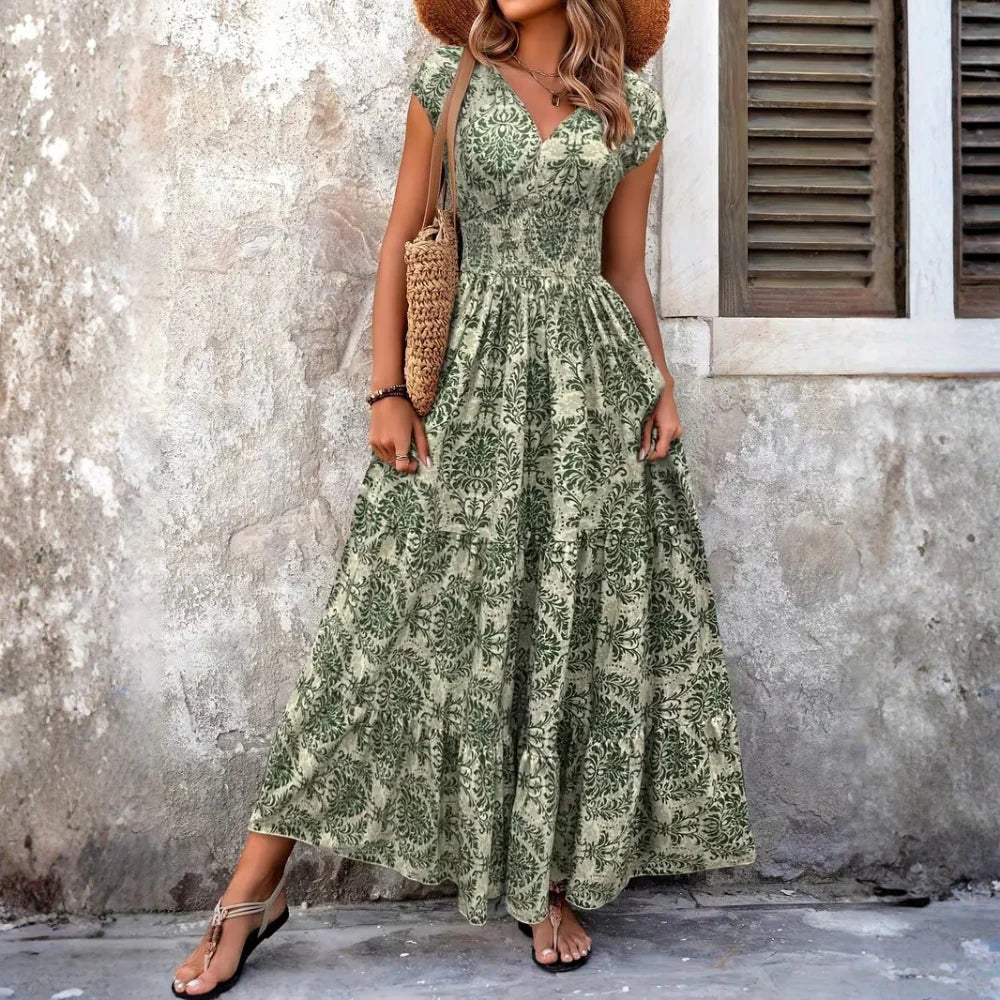 Printed V Neck Maxi Dress