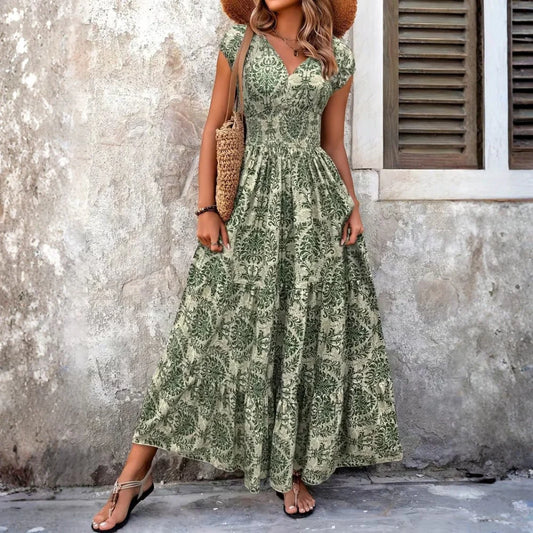 Printed V Neck Maxi Dress