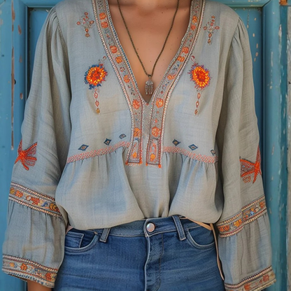 Bohemian Linen Blouse Vneck