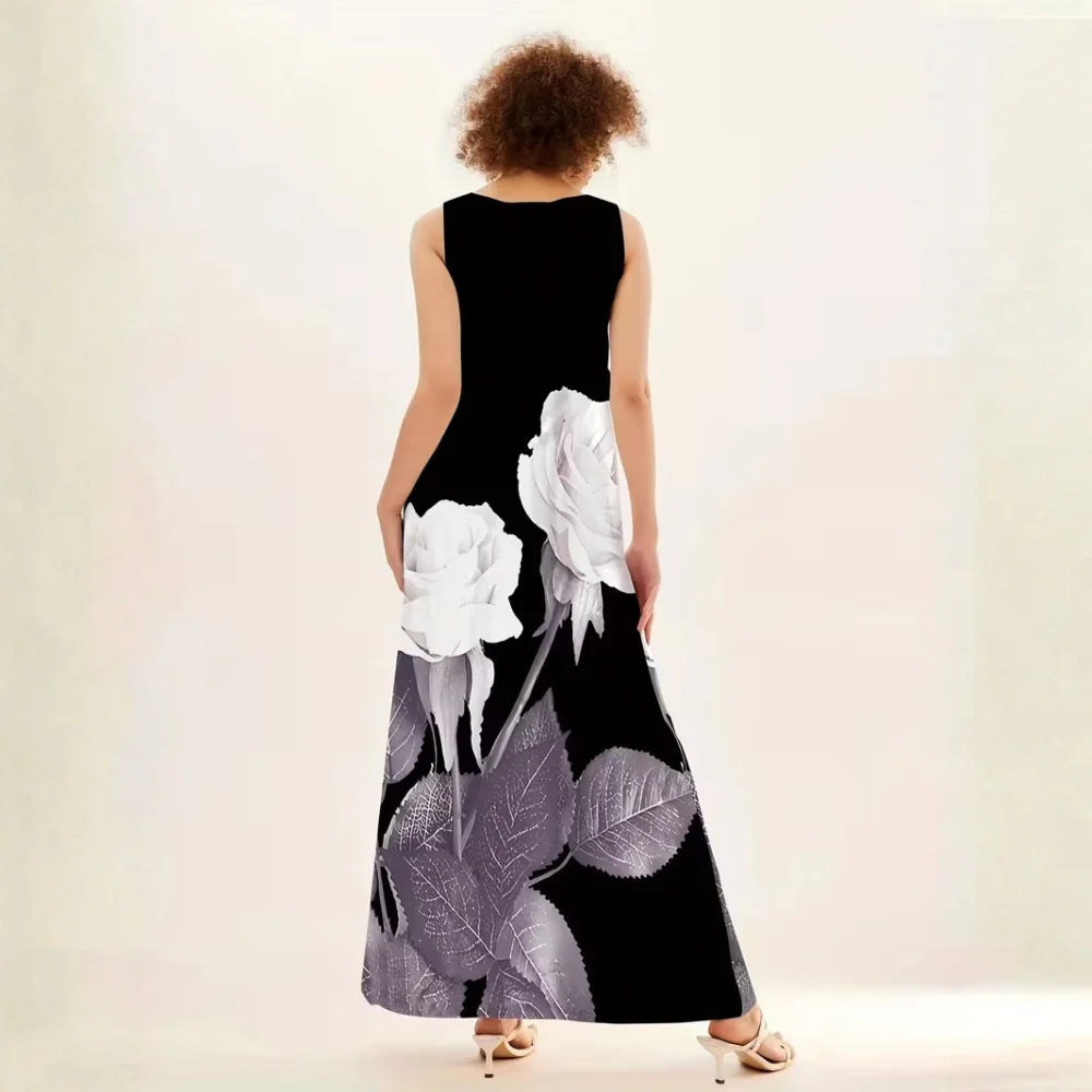 Floral Notched Neck Sleeveless Maxi Dress Casual Elegant