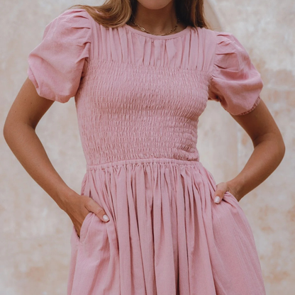 Linen Midi Dress Puff Sleeves