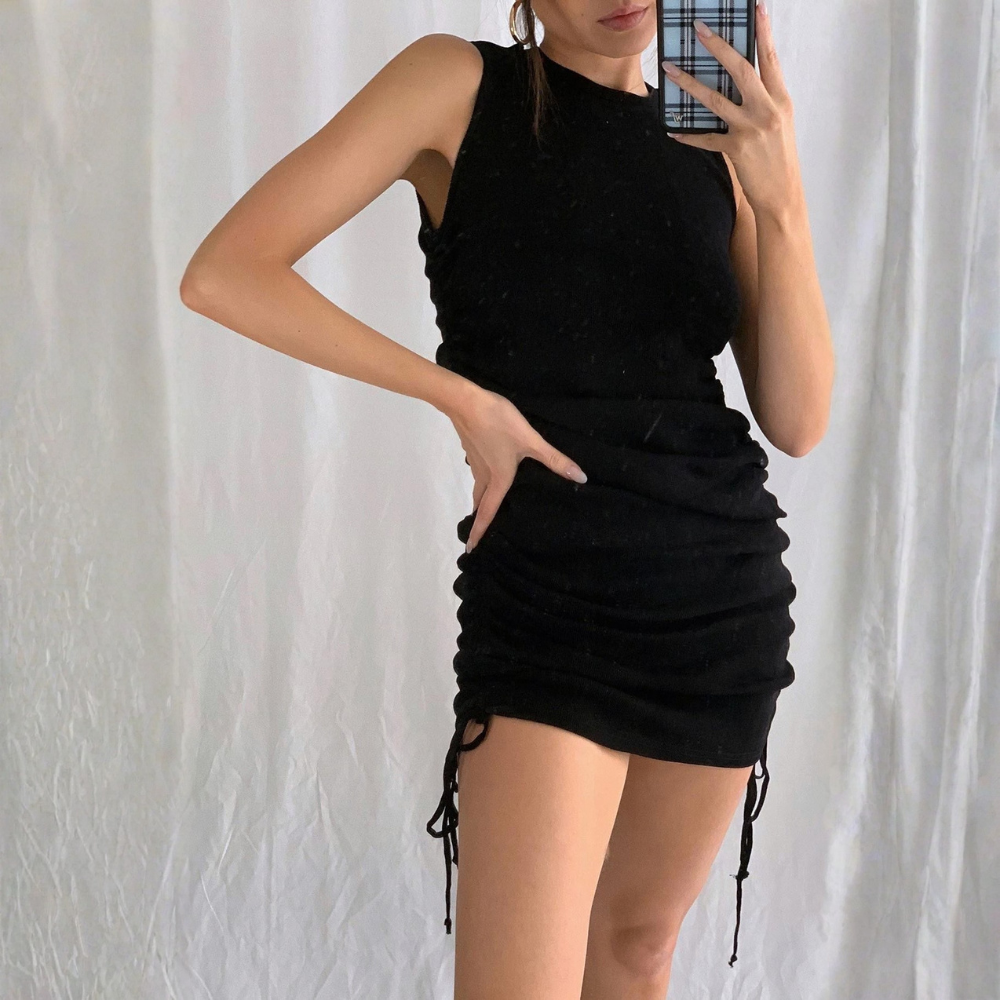 Ribbed Knit Mini Dress Drawstring