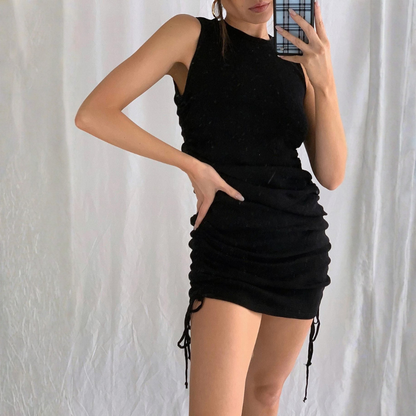 Ribbed Knit Mini Dress Drawstring