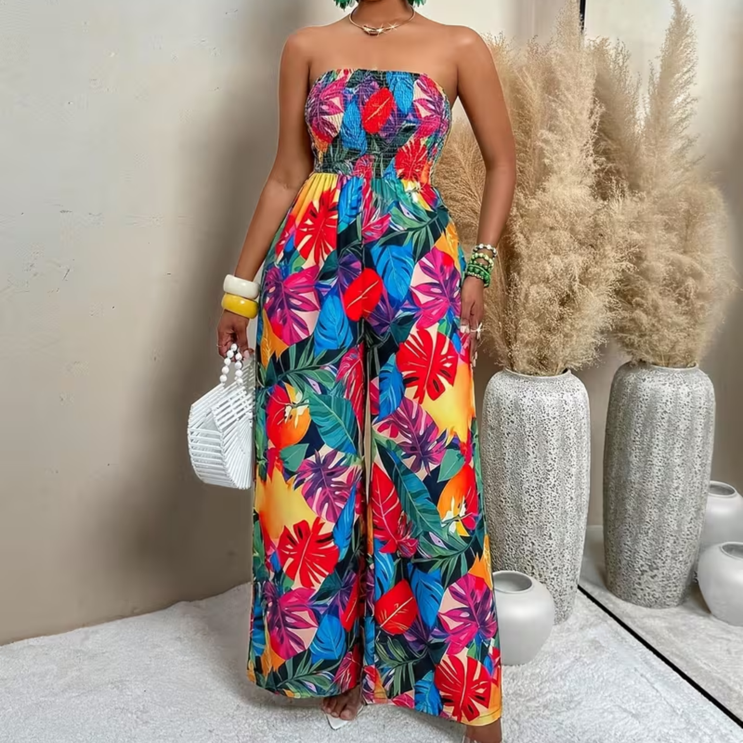 Tropical Plant Print Strapless Wide Leg Jumpsuit