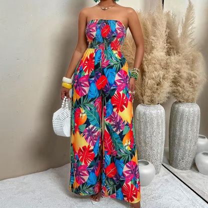 Tropical Plant Print Strapless Wide Leg Jumpsuit