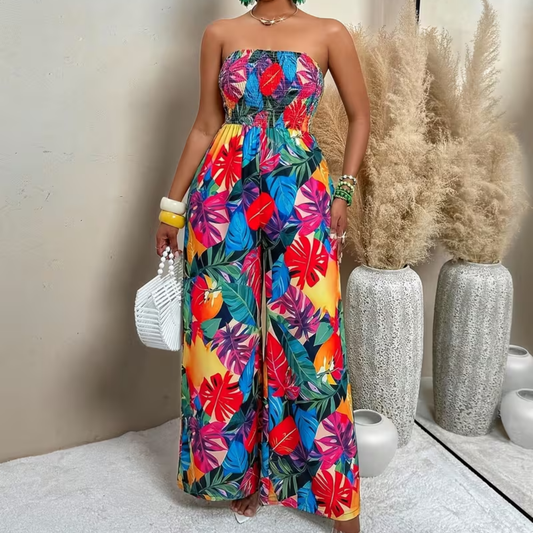 Tropical Plant Print Strapless Wide Leg Jumpsuit