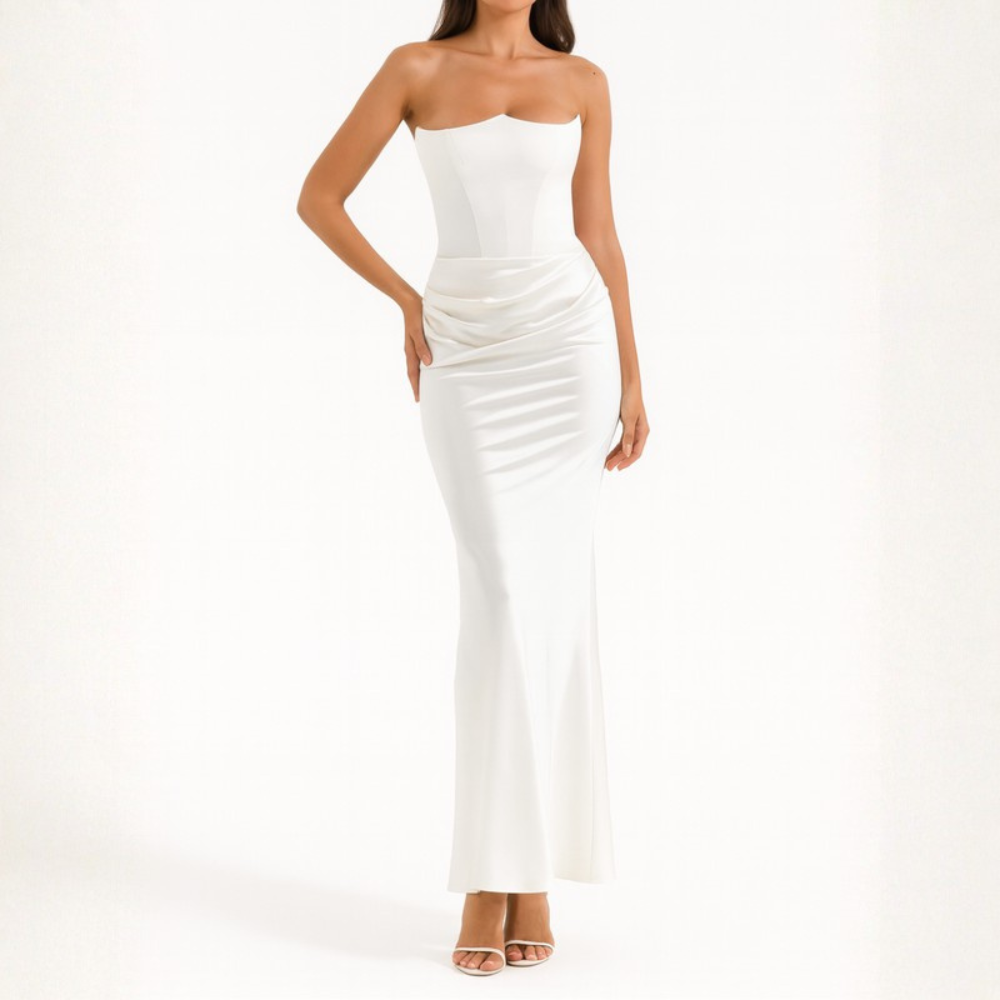 Striking Strapless Draped Maxi Dress