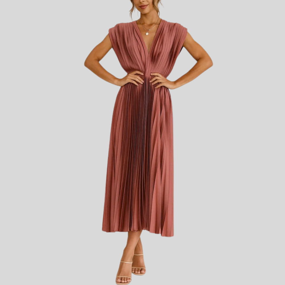 Pleated V Neck Midi Dress