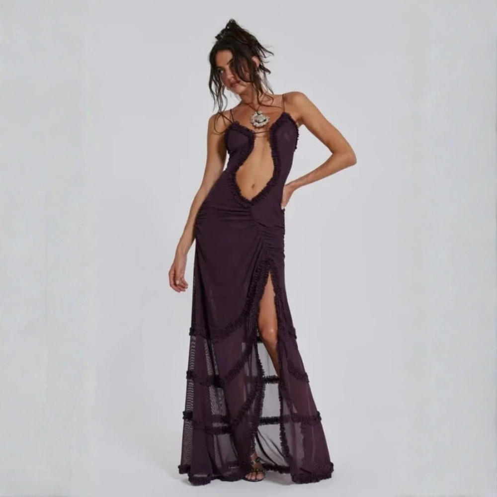Plum Cutout Ruffle Maxi Dress