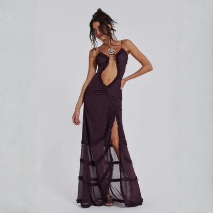 Plum Cutout Ruffle Maxi Dress