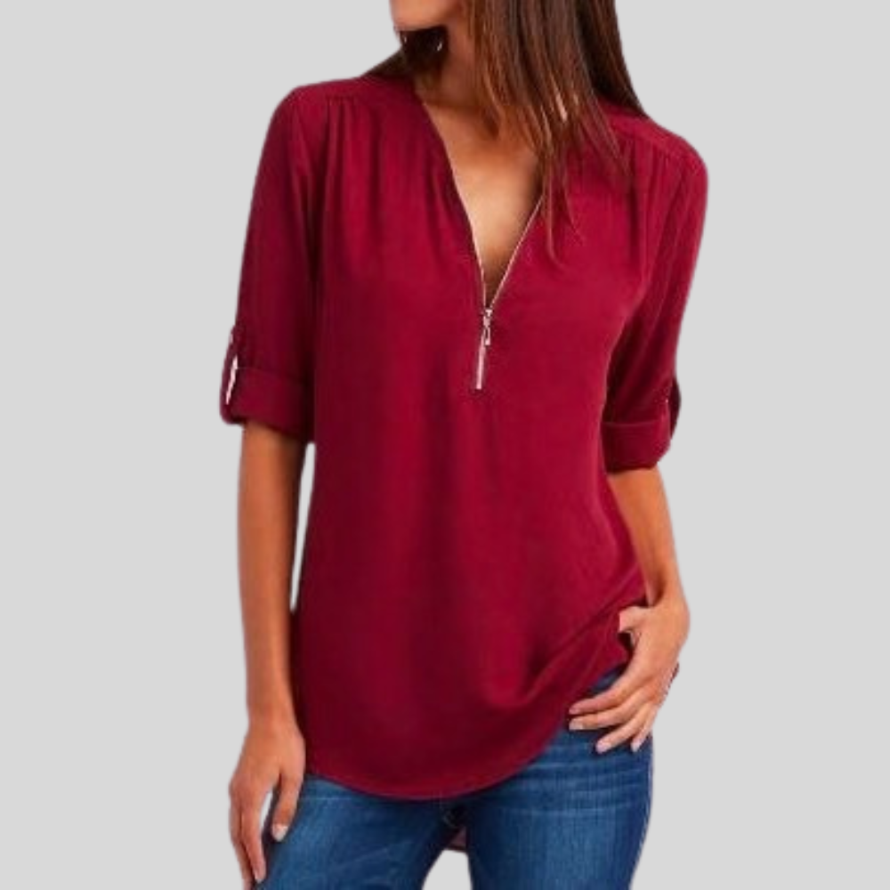 Sleek Zipper V Neck Top