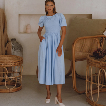 Linen Midi Dress Puff Sleeves