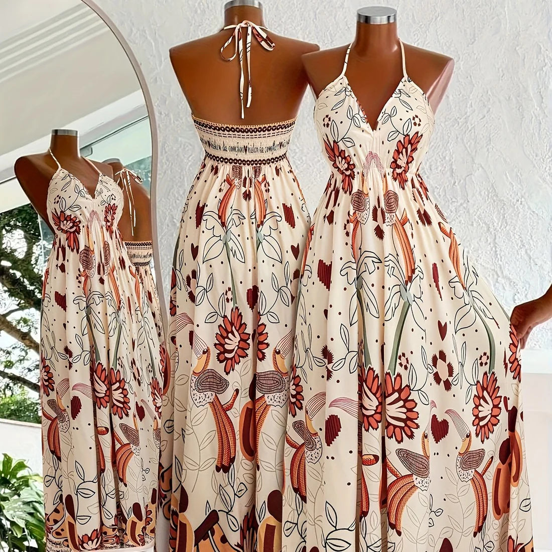 Floral Halter Neck Maxi Dress Vacation Style Elegant