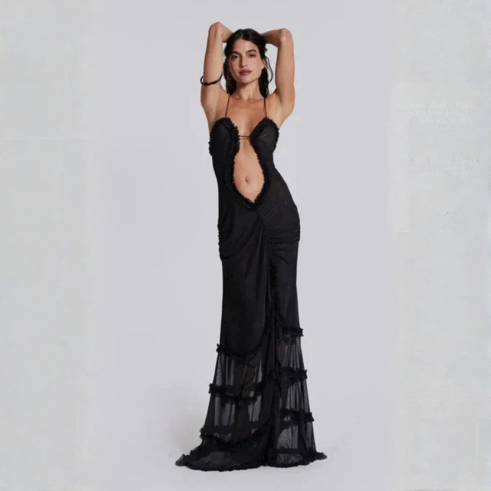 Voluminous Mesh Maxi Dress Ruched