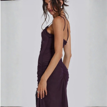 Plum Cutout Ruffle Maxi Dress