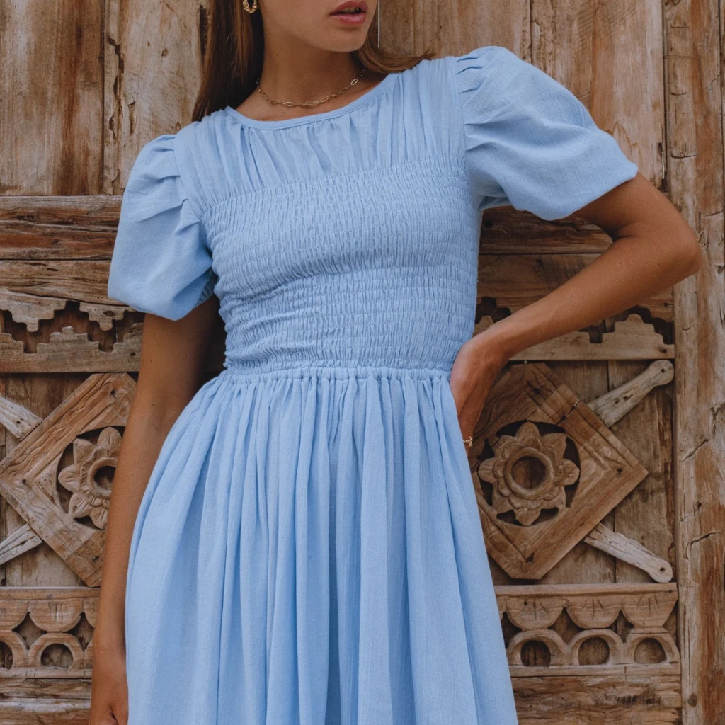 Linen Midi Dress Puff Sleeves