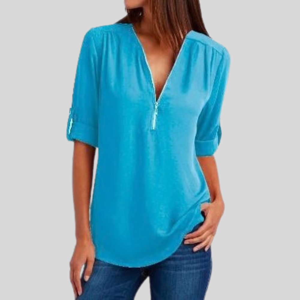 Sleek Zipper V Neck Top