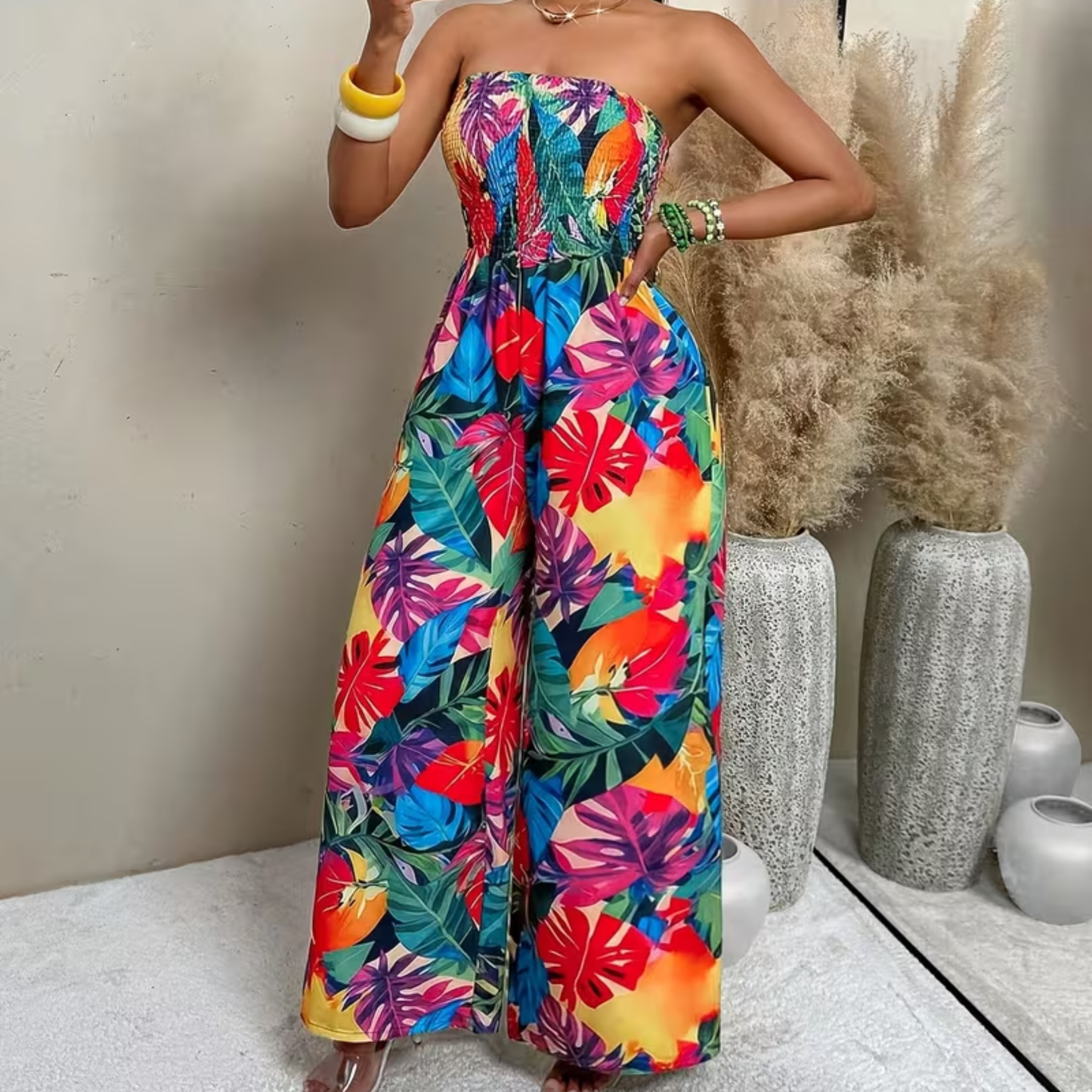 Tropical Plant Print Strapless Wide Leg Jumpsuit