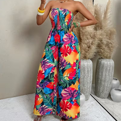 Tropical Plant Print Strapless Wide Leg Jumpsuit