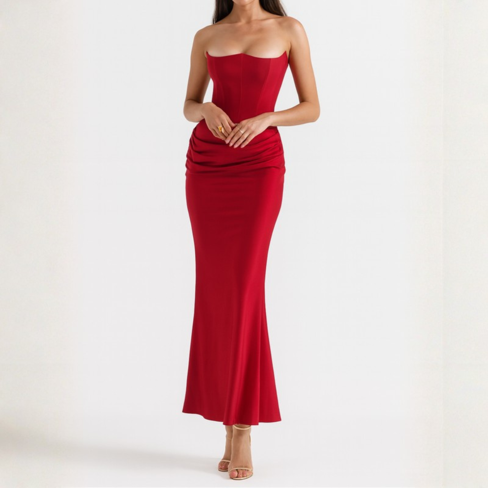 Striking Strapless Draped Maxi Dress