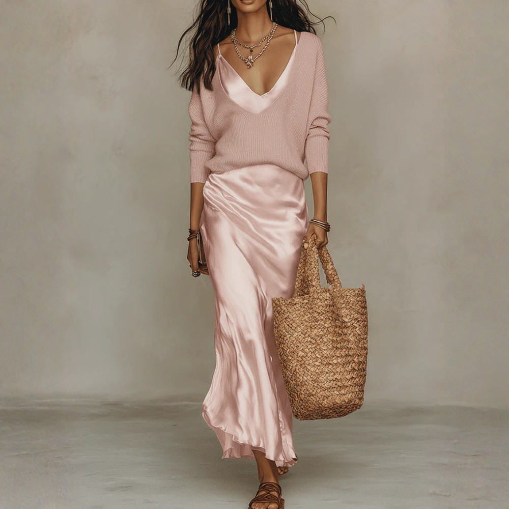 Cozy Knit Satin Midi Skirt