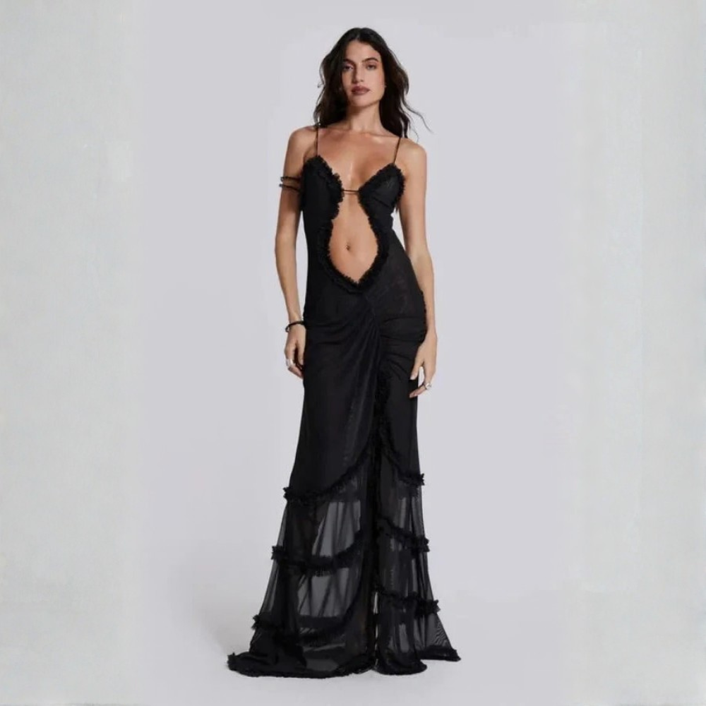 Voluminous Mesh Maxi Dress Ruched