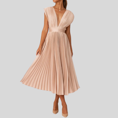 Pleated V Neck Midi Dress