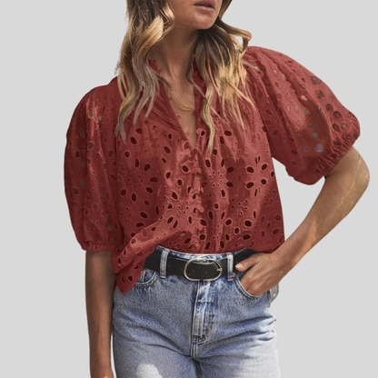 Textured Hollow Puff Sleeve Top